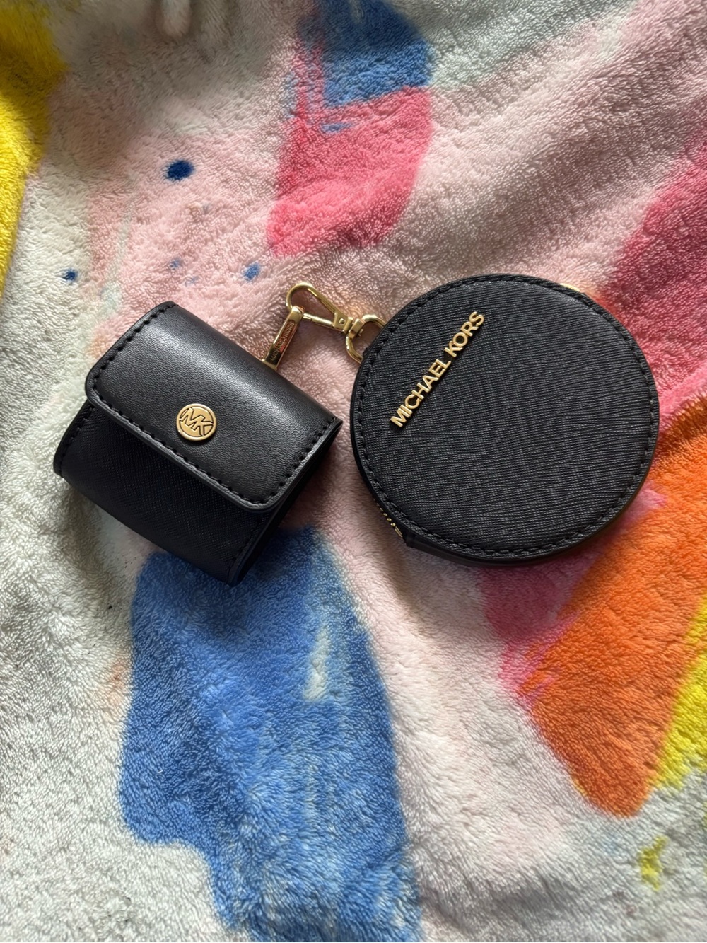 Michael Kors Black Leather Coin Pouch and Key AirPod Case with Gold Hardware